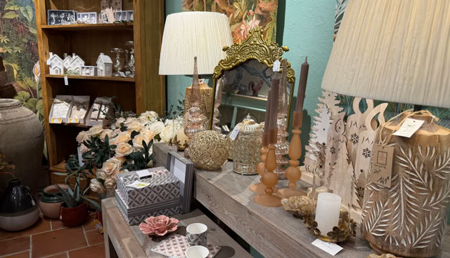 Magasin de décoration intérieure avec des lampes, des bougies, des fleurs artificielles et divers objets décoratifs sur des étagères et une table.